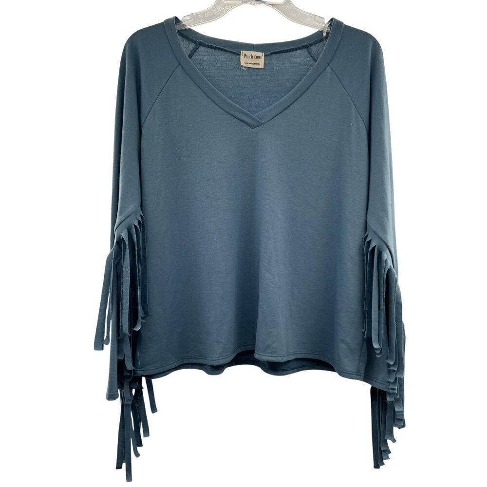Peach Love Women's Long Fringe Sleeve V-Neck Top Blue Gray Size Small
